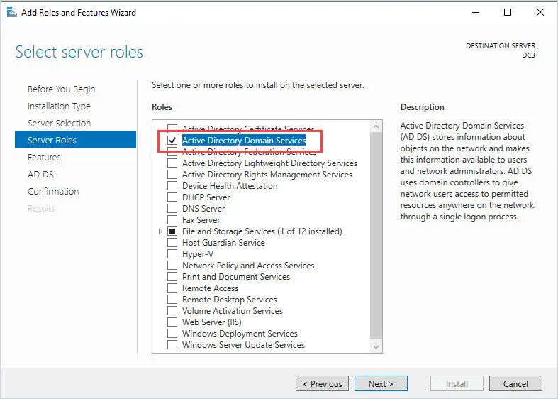 Server roles page with Active Directory Domain Services checked