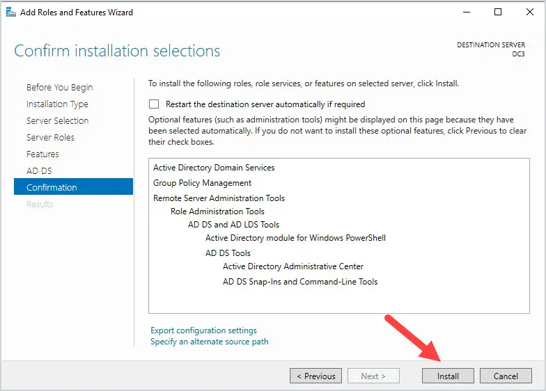 Confirmation page of the wizard with the Install button