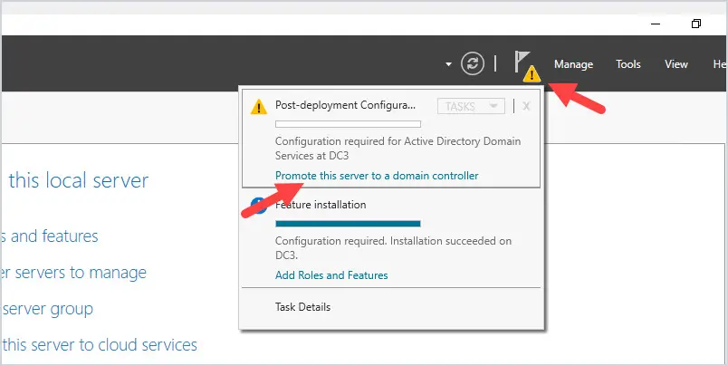 Server Manager notification with Promote this server to a domain controller