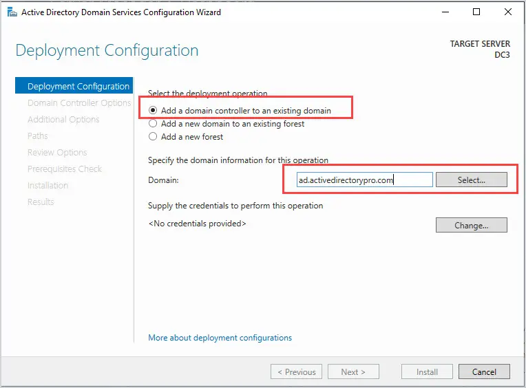 Deployment configuration page set to add a domain controller to an existing domain