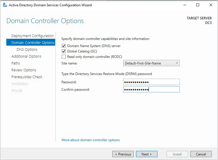 Domain controller options with DNS and global catalog checked and a DSRM password entered