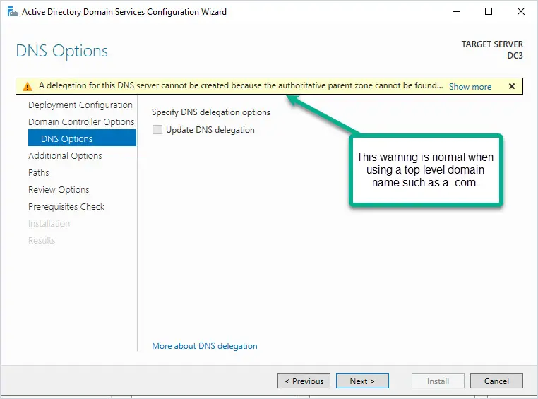 DNS options page showing the DNS delegation warning that can be ignored