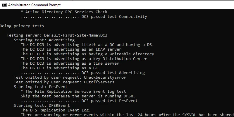 dcdiag /v output reporting the health tests for the new domain controller