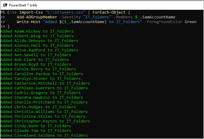 Get-ADGroupMember output listing the group's members after the import
