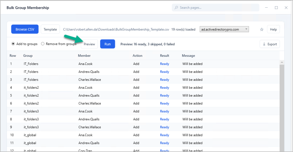 Preview validating the CSV and listing the membership changes to be made