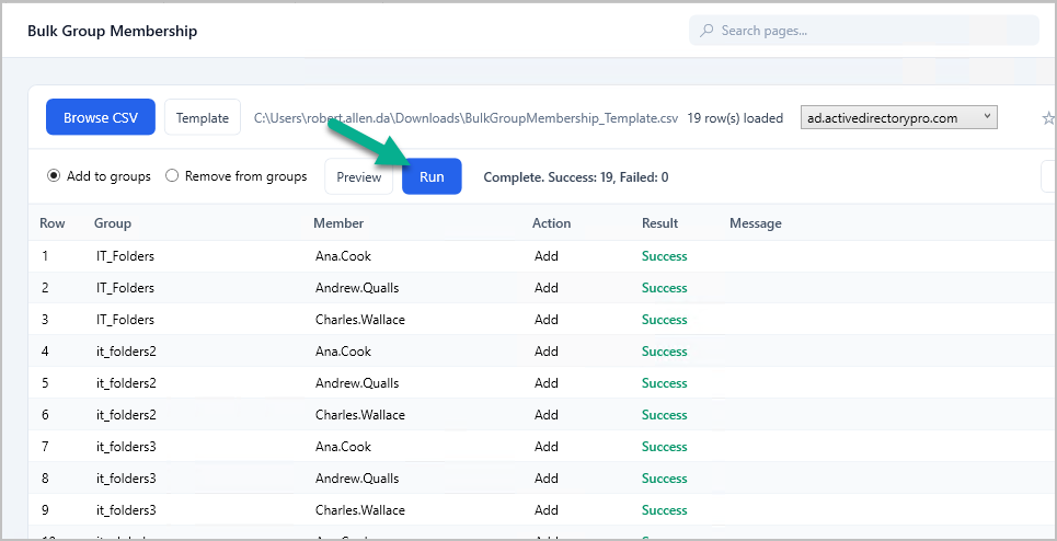 Results after running the CSV, showing the outcome for each user
