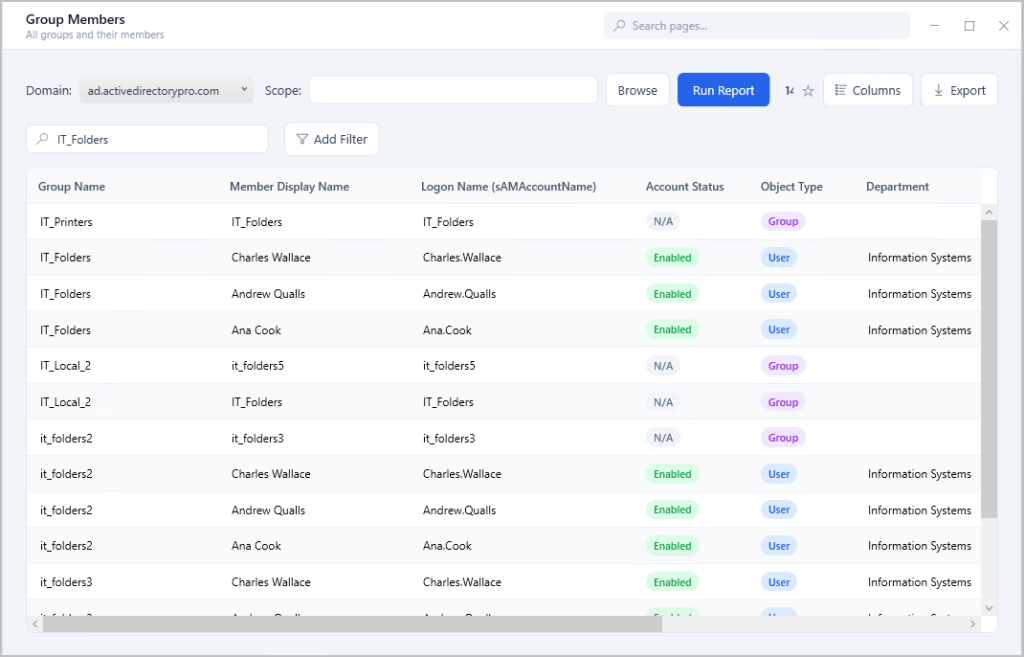 Group Members report with a search box for finding a group or user