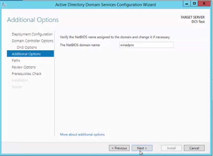 Additional options page with the NetBIOS domain name entered