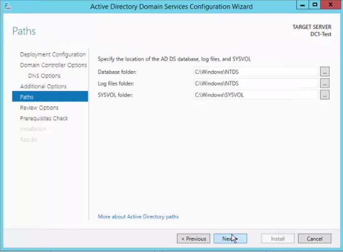 Paths page with the default database, log, and SYSVOL folder locations
