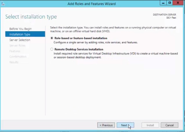 Installation type page with Role-based or feature-based installation selected
