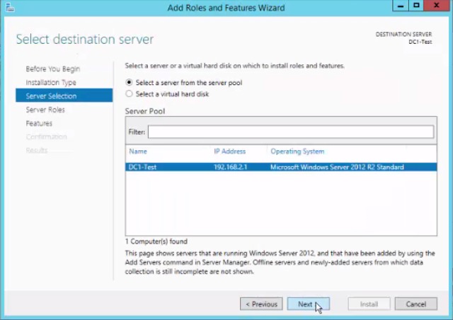 Server selection page listing the single server from the server pool