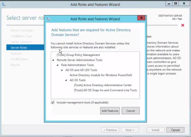 Server roles page with Active Directory Domain Services checked