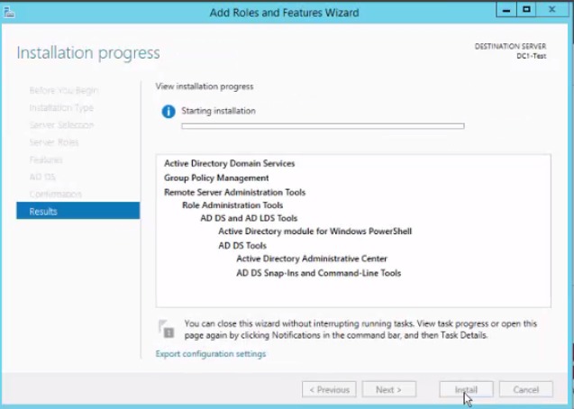 Installation progress bar while AD DS installs