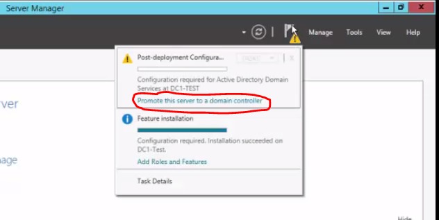 Server Manager notification with Promote this server to a domain controller