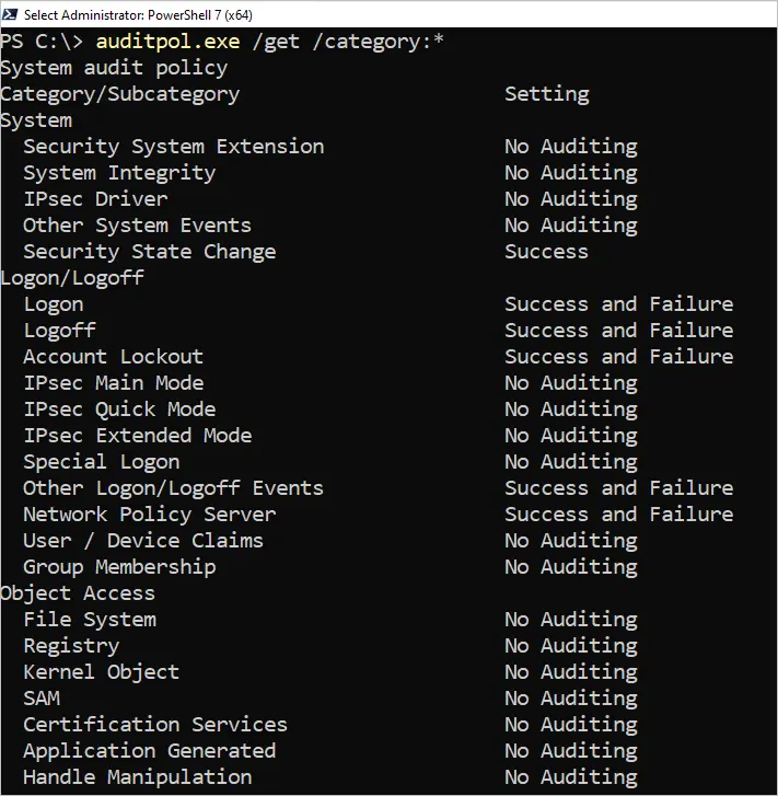 verify advanced audit policy settings