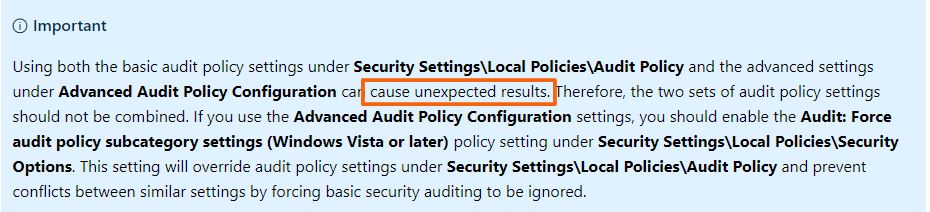 Microsoft note warning against mixing basic and advanced audit policy settings