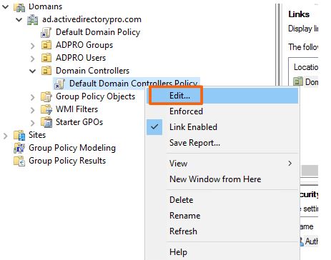 Default Domain Controllers Policy right clicked with Edit selected