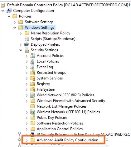 Advanced Audit Policy Configuration expanded to show its audit categories