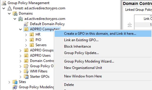 Computers OU with sub-OUs for departments and servers where the policy is linked