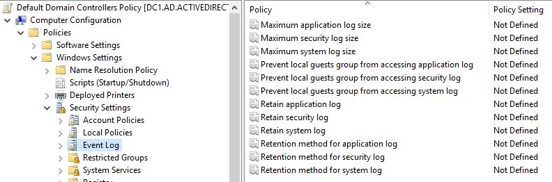Event Log policy settings for maximum log size and retention