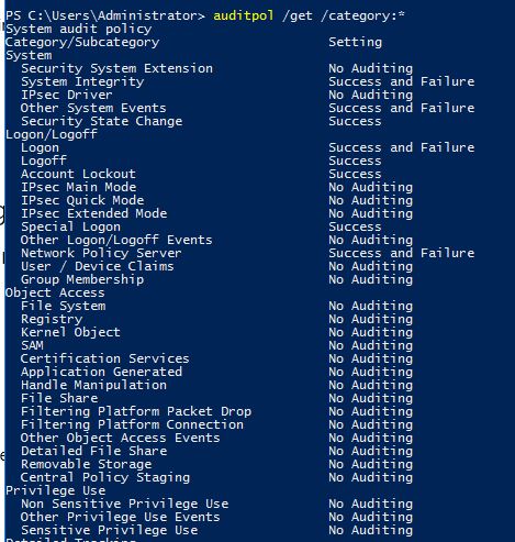 auditpol output listing the audit setting for every category on the computer