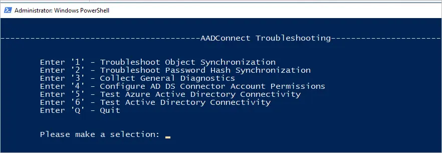Troubleshooting menu listing the available object sync tasks