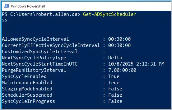 Get-ADSyncScheduler output showing the sync cycle settings