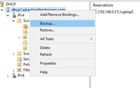 DHCP console with the server right clicked and Backup selected