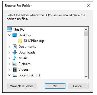 Folder browser with the DHCPBackup folder chosen as the backup destination