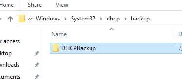 Backup folder copied into the system32 DHCP backup path on the second server