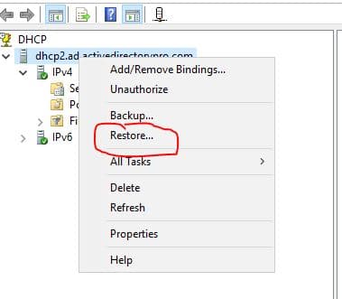 DHCP console with the server right clicked and Restore selected