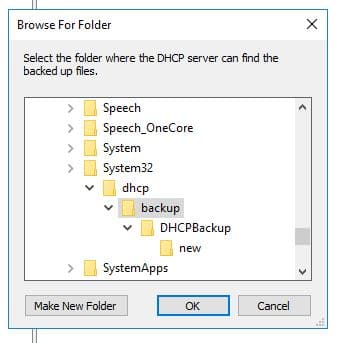 Folder browser with the DHCPBackup folder selected for the restore