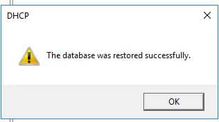 Message confirming the DHCP database restore finished
