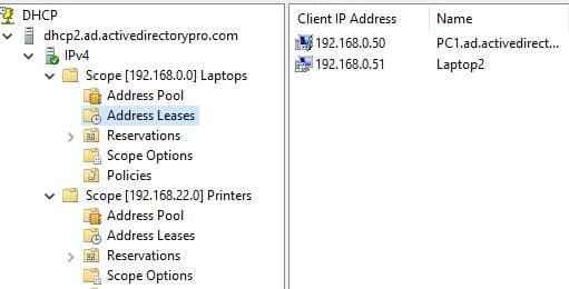 Restored DHCP console showing the scopes, leases, and reservations
