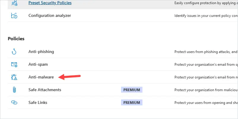 Microsoft 365 Defender menu with Policies & rules, Threat policies, and Anti-malware selected