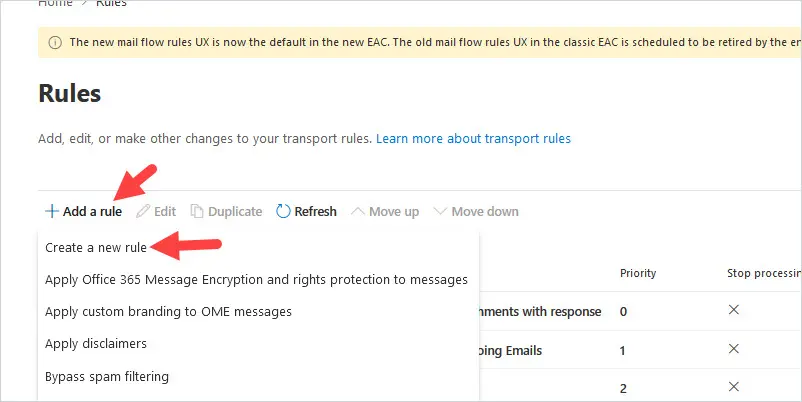 Add a rule menu with Create a new rule highlighted