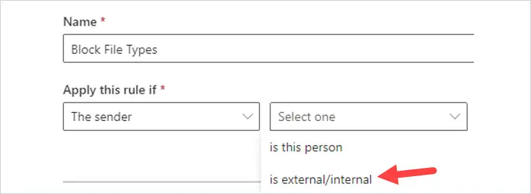 New transport rule named Block File Types with the sender is external/internal condition