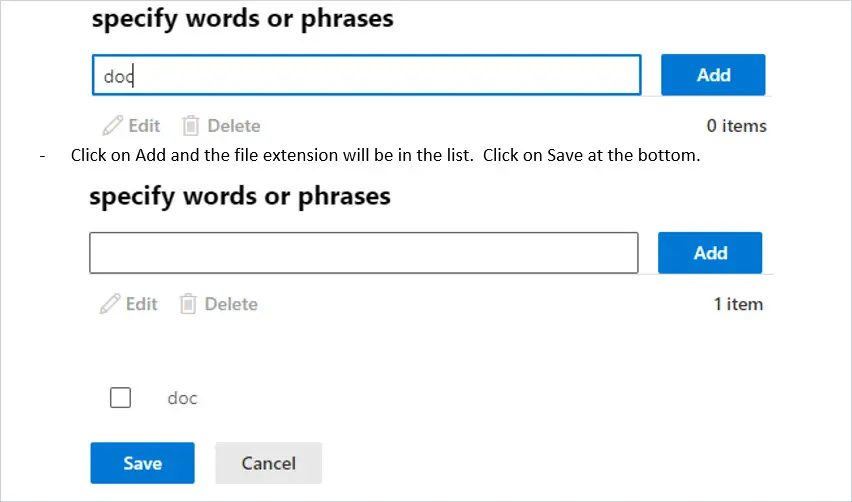 Specify words or phrases box with the doc file extension entered