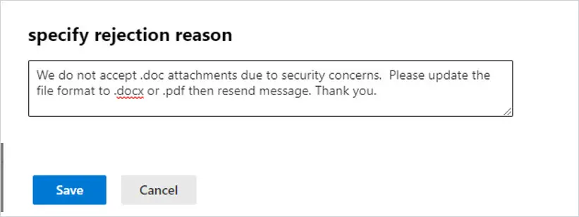 Rejection reason box with the message returned to the sender