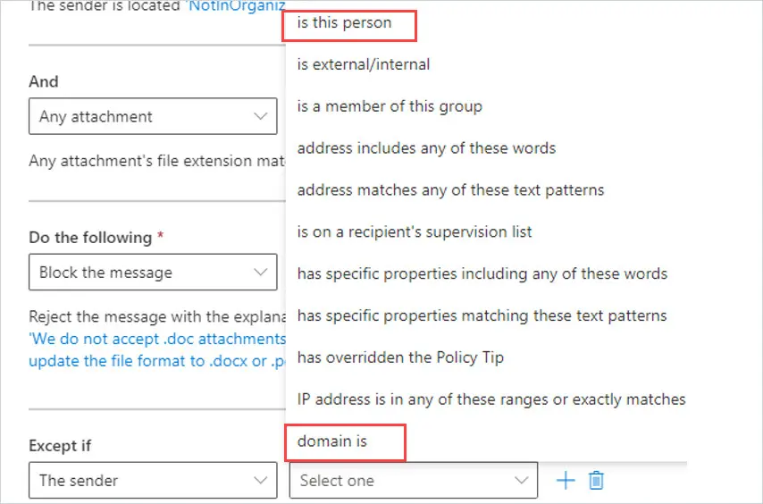 Exception set to The sender with the domain is option selected