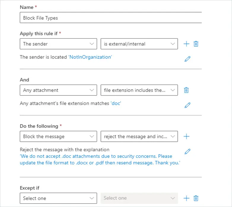 Completed transport rule showing all conditions, actions, and the exception