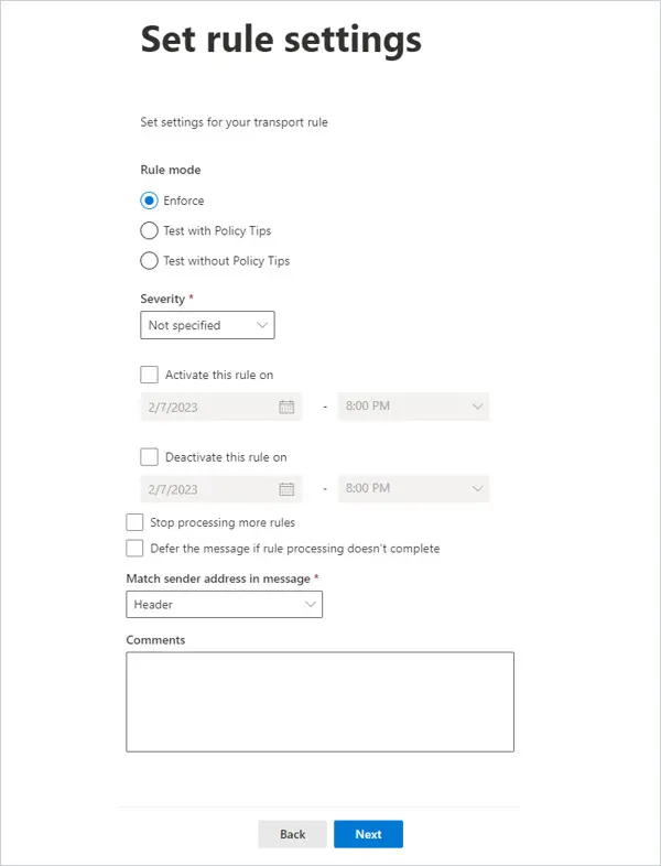 Set rule settings page left at the default values