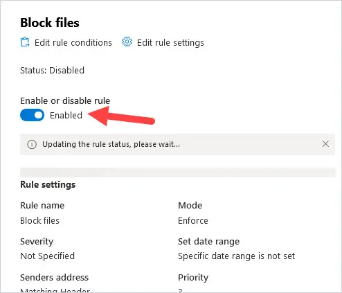 Rule detail pane with the toggle switched from Disabled to Enabled