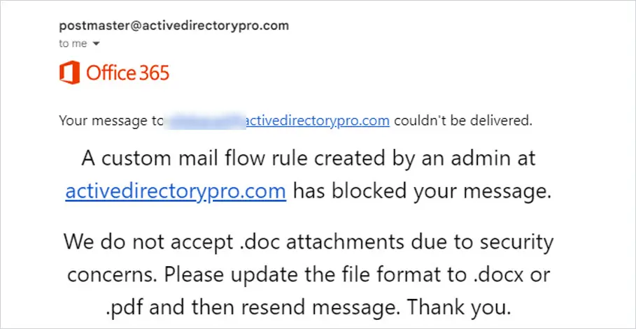 Bounce message an external sender receives when a blocked attachment is rejected