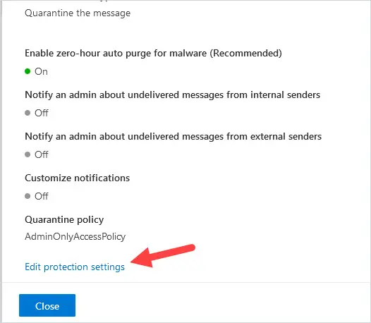 Edit protection settings link in the Default anti-malware policy pane