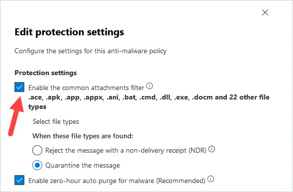Protection settings pane with the Enable the common attachments filter checkbox