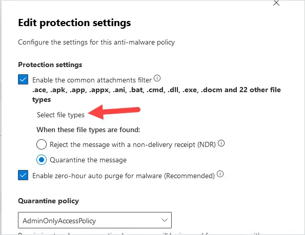 Common attachments filter showing the Select file types button