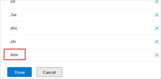 Selected file types list with htm added