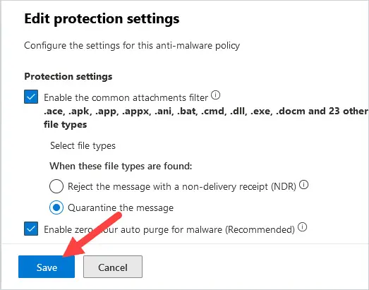 Save button at the bottom of the anti-malware protection settings pane