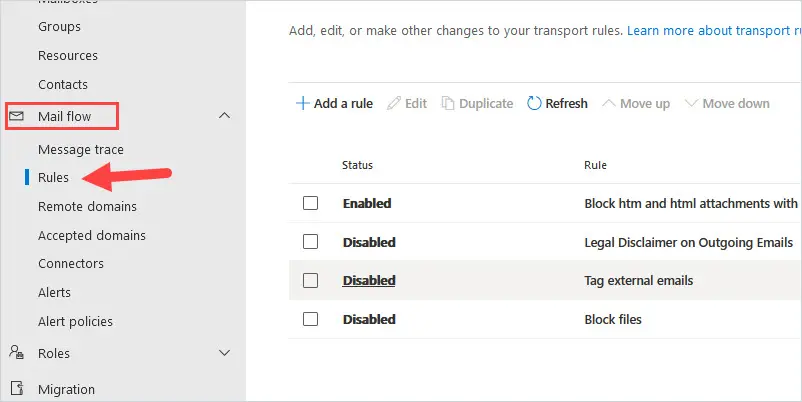 Exchange admin center with Mail flow expanded and Rules selected